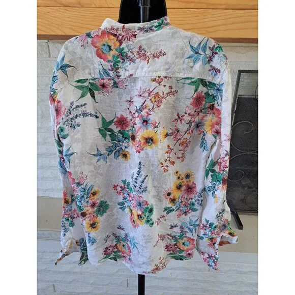F.K. Italy Linen Floral Button-Up Blouse Mandarin Collar Floral Women XL Summer - Picture 5 of 9